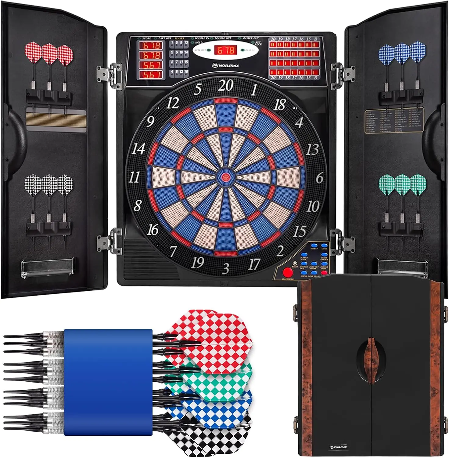 Electronic Dartboard Cabinet - ชุดตู้เก็บกระดานปาเป้าอิเล็กทรอนิกส์สำหรับผู้ใหญ่ สีดำ | ระบบให้คะแนน LED, 38