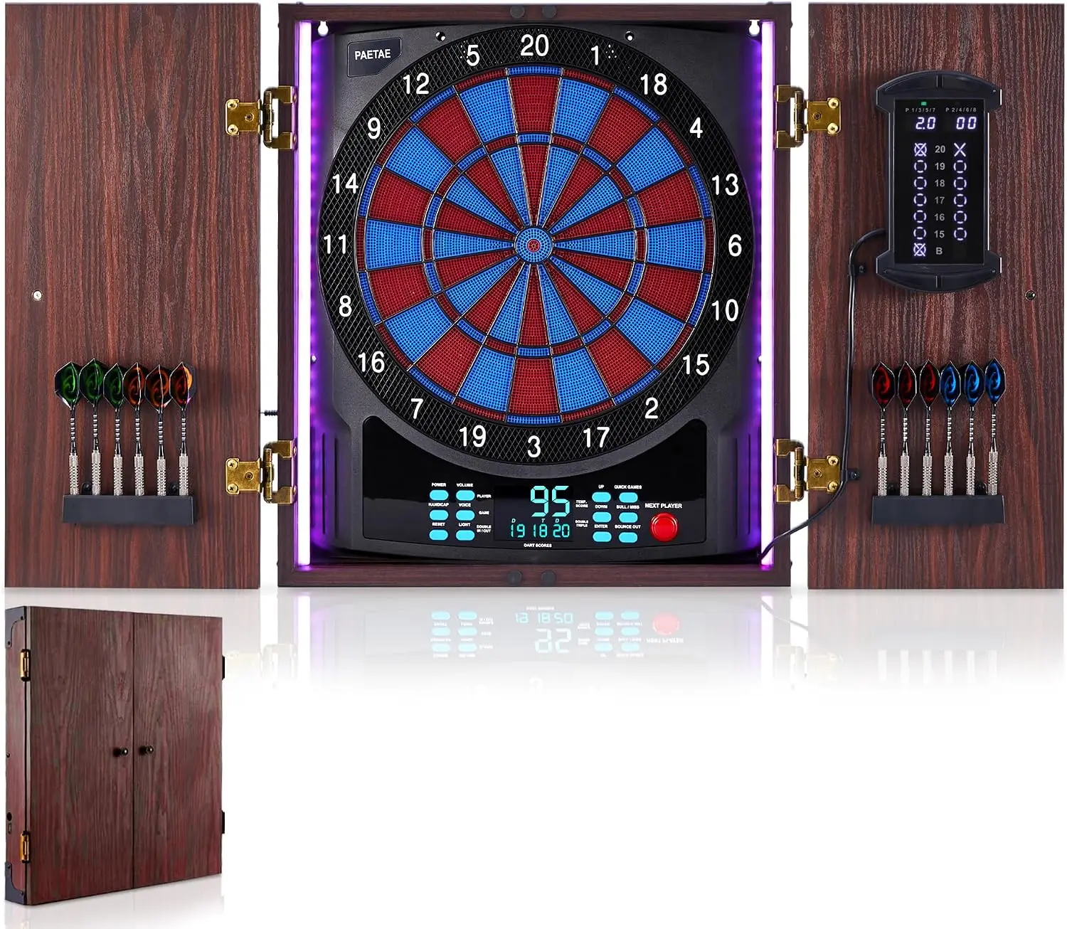 Electronic Dartboard Cabinet - ตู้เก็บลูกดอกอิเล็กทรอนิกส์พร้อมกระดานปาลูกดอกแบบหัวนิ่มและหน้าจอแสดงผลขนาดใหญ่ | ประกอบด้วยลูกดอกปลายอ่อน 12 ดอก พร้อมลูกดอกในตัว